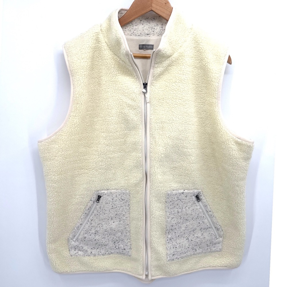 T by Talbots Womens Sherpa Fleece Vest XL Cream Full Zip Speckled Pockets